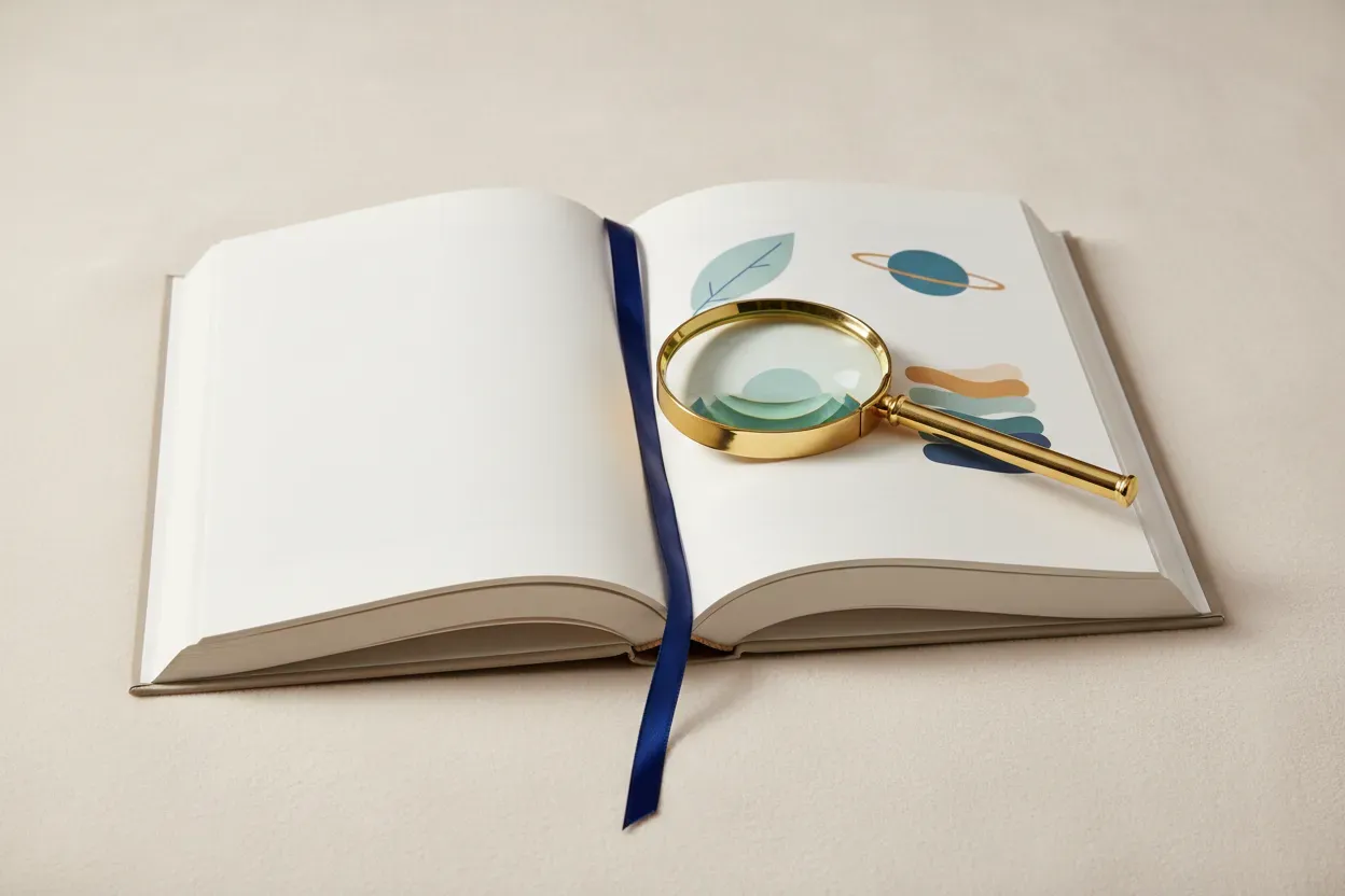 Open nonfiction book with a magnifying glass and bookmark, symbolizing curiosity and sustained learning.
