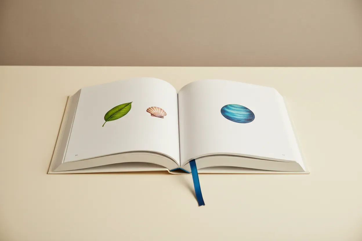 Open nonfiction book with a bookmark and simple illustrations of a leaf, seashell, and planet on a neutral background.