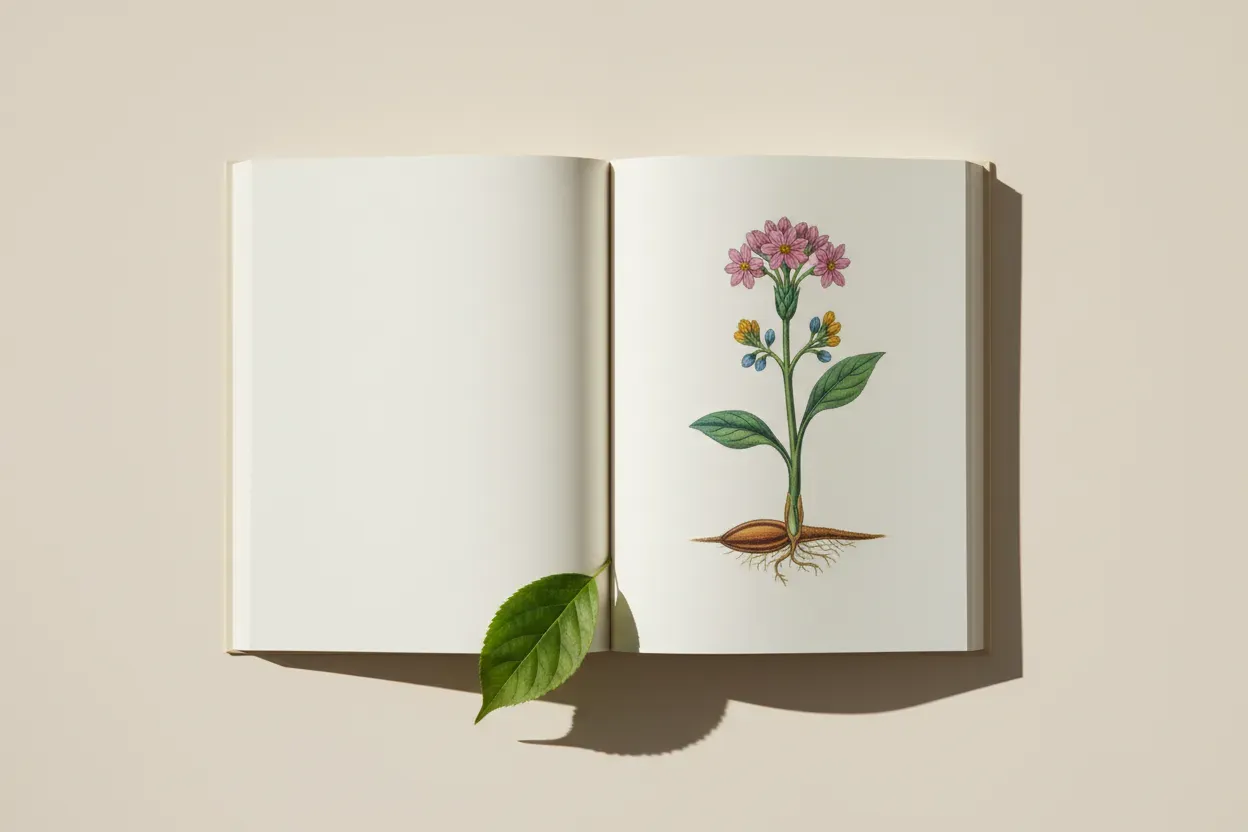 Open nonfiction book with a botanical illustration and a real leaf, representing curiosity sparked by everyday discovery.