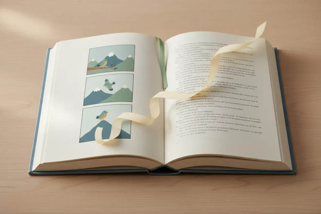 Open book transitioning from wordless comic panels to prose pages, symbolizing reading skills carrying from comics to longer texts.
