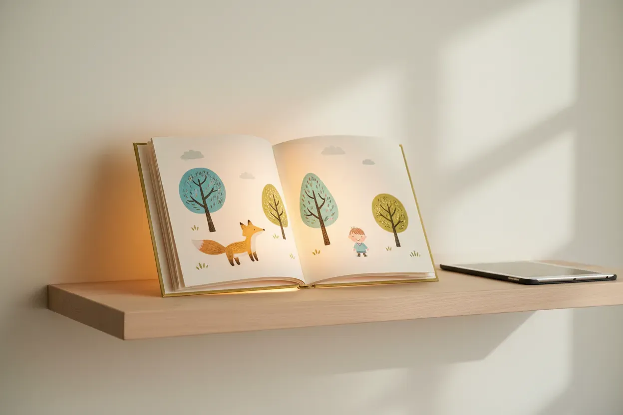 Open children's book on a shelf with a tablet set aside, symbolizing a calm daily reading routine.