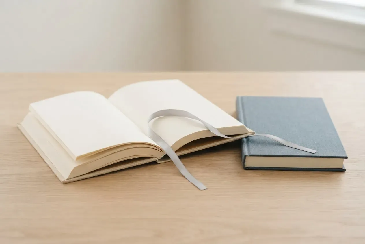 Open book with a bookmark leading toward either continuing or choosing a new book.
