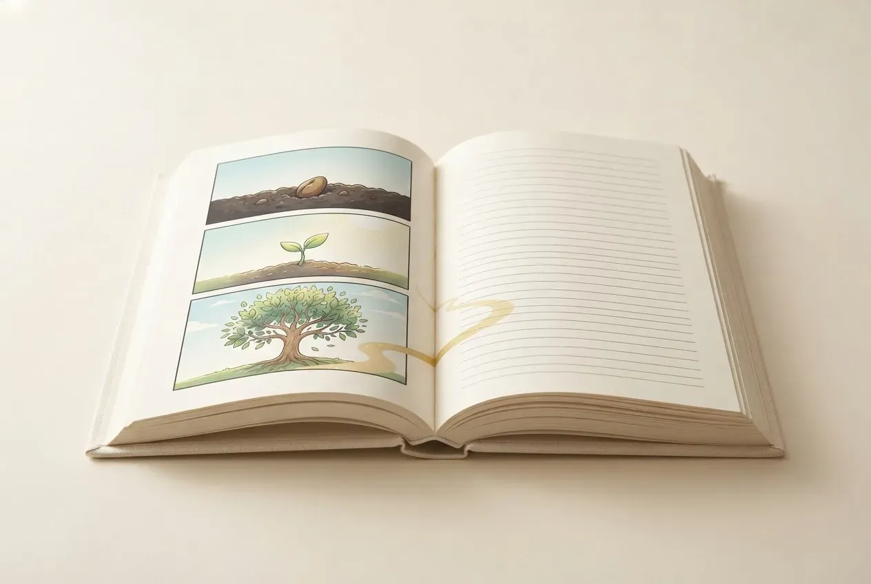 Open book showing comic panels flowing into longer pages, symbolizing confidence moving from graphic novels to sustained reading.
